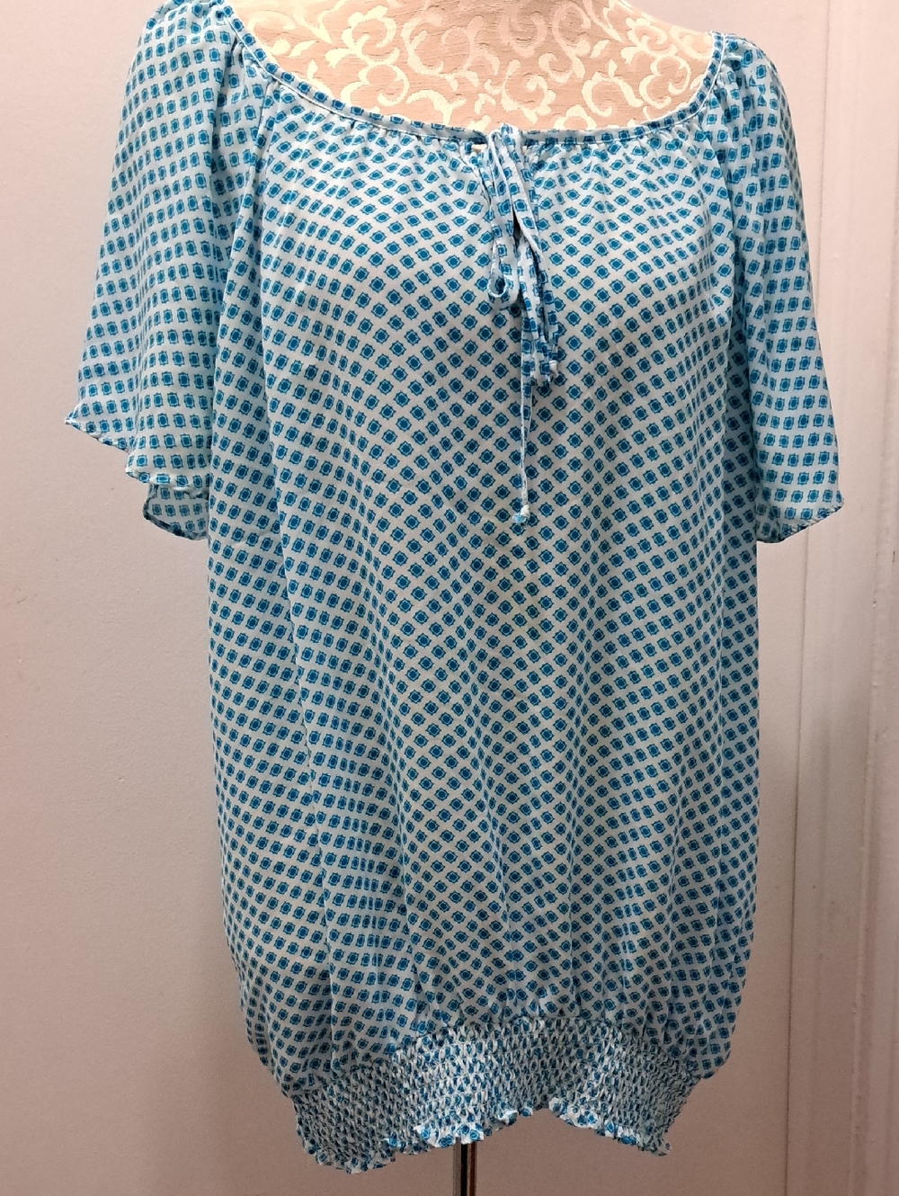 Sami & Jo Blue Printed Tie-Neck Top Size XL